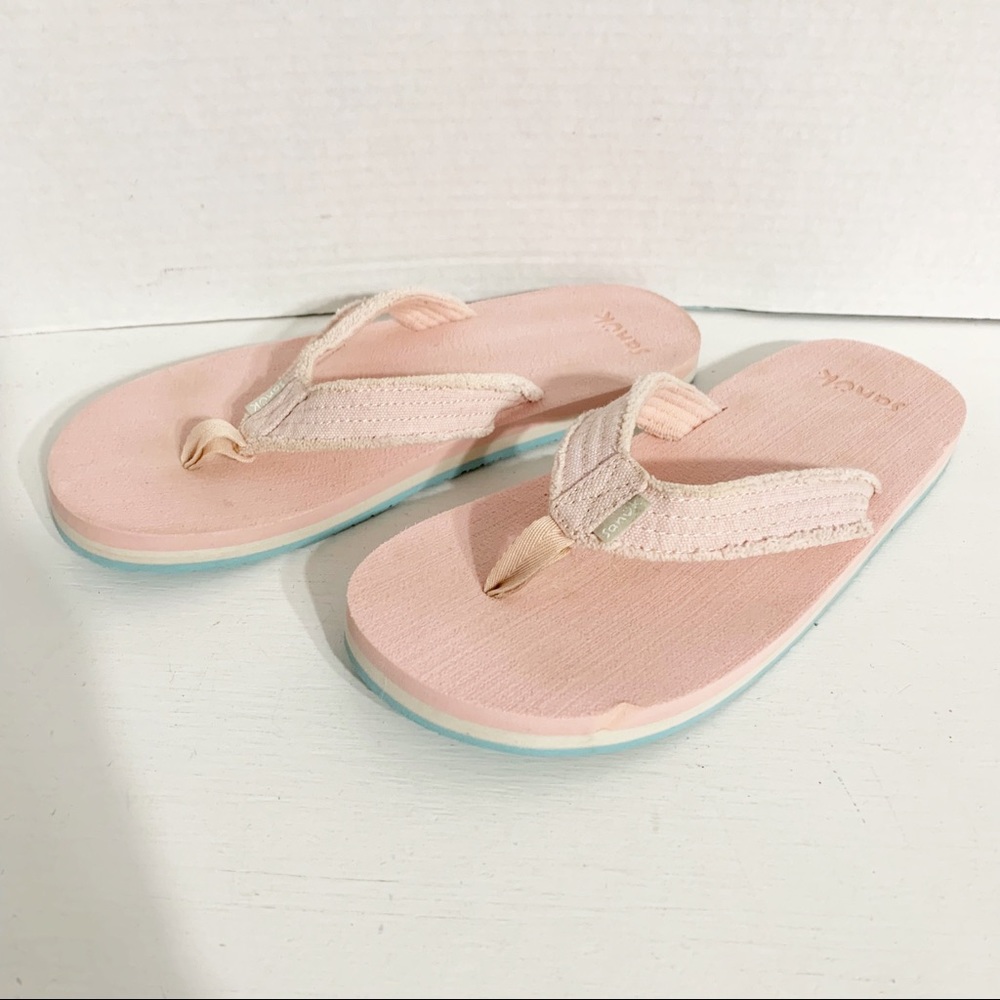 Sanuk Stacked High Tri-colored Fraidy Stacker Flip Flop Sandals Cotton Pink Salt
